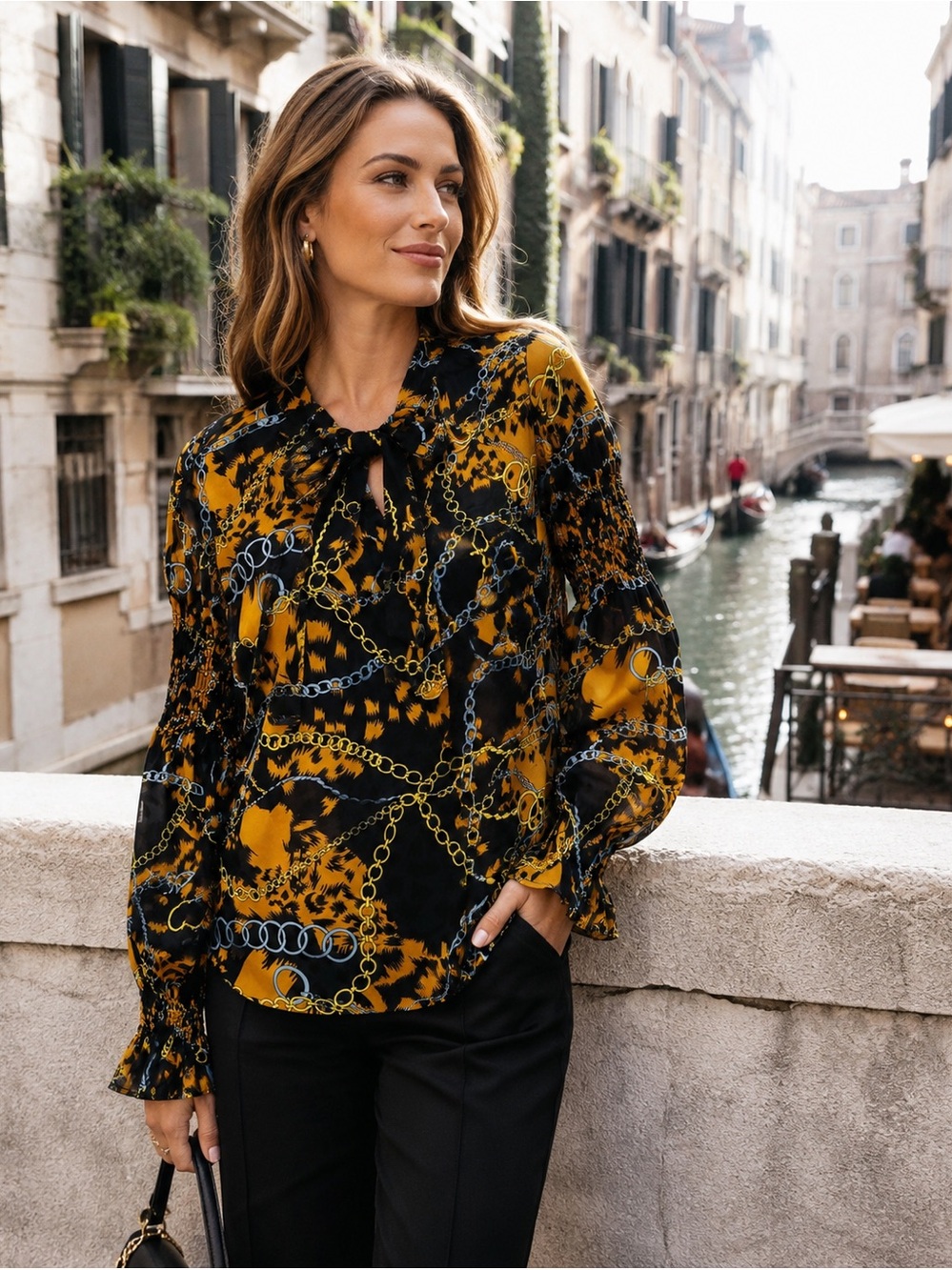 Baroque Chain Print Poet Sleeve Tie-Neck Blouse | SHEIN XL